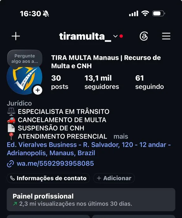 Perfil real do Instagram Tira Multa Manaus com 13,1 mil seguidores